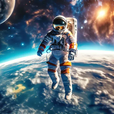 Космонавт в открытом космосе над …» — создано в Шедевруме