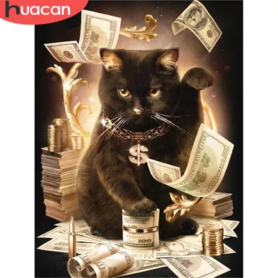 Алмазная живопись HUACAN, квадратная картина с изображением черного кота,  денег, 5D, алмазная вышивка Бриллиантовая мозаика с животным, декоративные  стразы для дома | AliExpress
