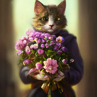 Картина по номерам \"Котенок с розовым букетом\"