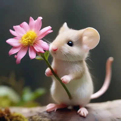 Маленькая красивая мышь с цветком» — создано в Шедевруме