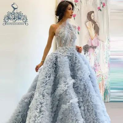 Красивые Голубые пышные бальные платья из тюля, многоярусные вечерние платья  принцессы с 3D цветами, арабские Длинные платья для выпускного вечера |  AliExpress