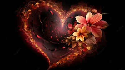 сердце с цветами и огнем на черном фоне, красивые картинки с сердечками,  любовь, сердце фон картинки и Фото для бесплатной загрузки