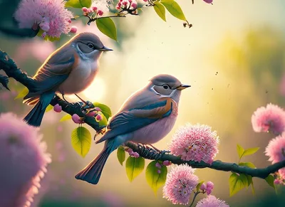 Картина с изображением двух птиц, сидящих на ветке с цветами. | Премиум Фото