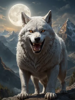 Premium Free ai Images | oskal volka na fone gor nocʹpod svet luny volka  belye krylʹ