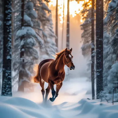 Лошадь зимой в лесу бежит. эстетика» — создано в Шедевруме