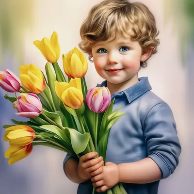 Открытка мальчик с цветами - 63 фото