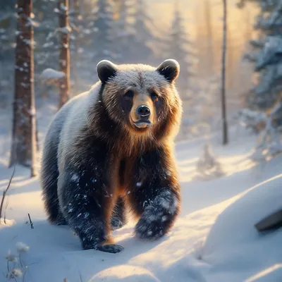 Бурый Медведь Зимой Выглядывает Из Своего Логова В Лесу Под Большой Скалой  — стоковые фотографии и другие картинки Медведь - iStock