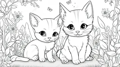 раскраски два милых котенка сидят в цветочном поле, милая раскраска, милый,  мило фон картинки и Фото для бесплатной загрузки