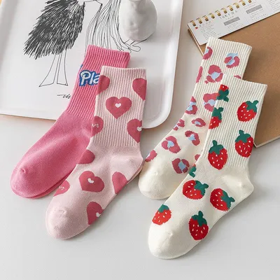 Купить Модные розовые чулки Ins, модные милые женские носки, чулки средней  длины с надписью Love Strawberry | Joom