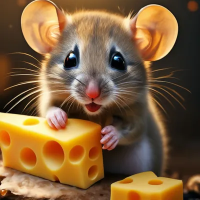 Нарисованная милая мышка ест сыр, …» — создано в Шедевруме