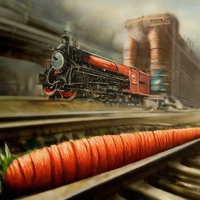 На картинке-красная морковь Поезд …» — создано в Шедевруме