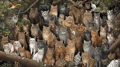 картина со множеством кошек стоящих на дереве, найди кошку на картинке фон  картинки и Фото для бесплатной загрузки