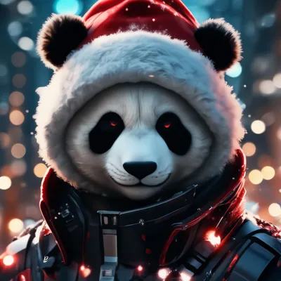Рождественская открытка милая панда в подарочной коробке с гирляндой и  бантом в шляпе санты и рождественской елке | Премиум векторы