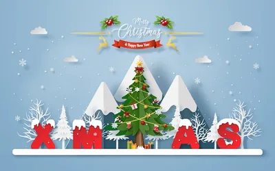 Christmas Banner Background, Origami Paper Art Of Christmas Tree In The  Village With XMAS Word, Merry Christmas And Happy New Year Клипарты, SVG,  векторы, и Набор Иллюстраций Без Оплаты Отчислений. Image 159395657