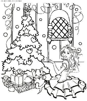 Раскраска Принцесса у Новогодней елки | Раскраски новогодние. Разукрашки  новогодние картинки. Новогодние раскраски для детей