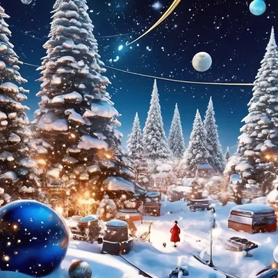Новый год в космосе,снег, елки, …» — создано в Шедевруме