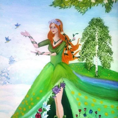 Фото Девушка в образе весны, с венком на голове, в платье из травы и  цветов, протянула руку к птице, парящей, в солнечных лучах