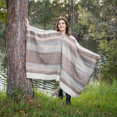 Cotton Poncho in Wheat and Cerise from Mexico - Fashionable Morning | NOVICA