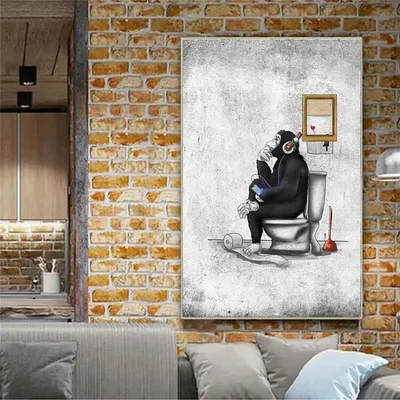 Gorilla с наушниками сидящий на унитазе Холст Картина Смешные животные  Бэнкси на стену художественные картины для ванной домашний Декор без рамки  | AliExpress