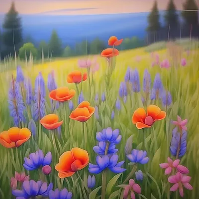 Картина маслом луга цветка ландшафта Стоковое Изображение - изображение  насчитывающей цветасто, поле: 192450571
