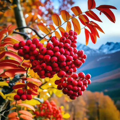 Ветка красных листьев рябины осенью на фоне голубого неба и осеннего леса  Stock Photo | Adobe Stock
