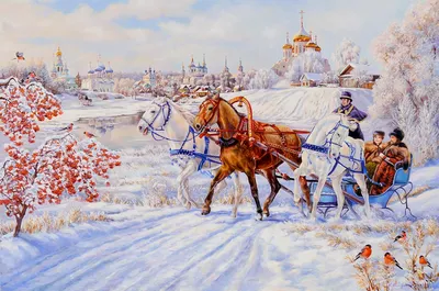 Русская тройка лошадей идет на дорогу снега в зимнем дне Стоковое  Изображение - изображение насчитывающей черный, скелетон: 137429427