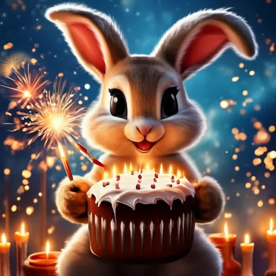 Картинка: Мишка с кексом и зайчик - С днем рождения!