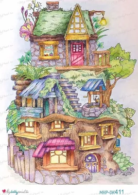 Иллюстрация новогодние сказочные домики в стиле книжная графика |
