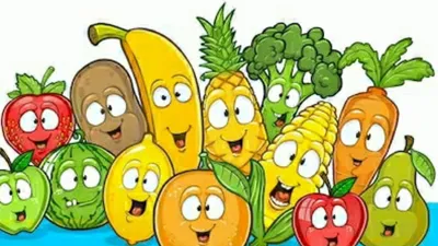 Набор плоских овощей и фруктов со сторонами карикатур. Смешные символы из  еды. Другой смех эмоций Иллюстрация вектора - иллюстрации насчитывающей  сад, изолировано: 184701797