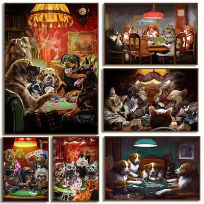 Французский бульдог игра в покер игра холст живопись кошки Ленивец олень  игра плакат \"покер\" Смешные животные настенное Искусство Декор комнаты |  AliExpress