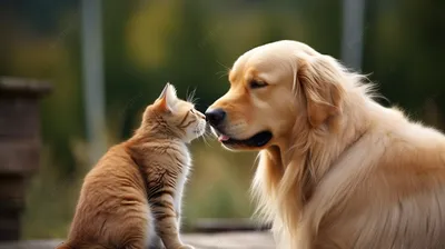 кошка и собака целуются стоя рядом друг с другом, прикольная картинка с  котами и собаками, кошка, собака фон картинки и Фото для бесплатной загрузки