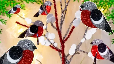 Новогодний декор- композиция \"Снегири на веточках\" из фоамирана и синельной  проволоки! | Ксения Назарова | Дзен