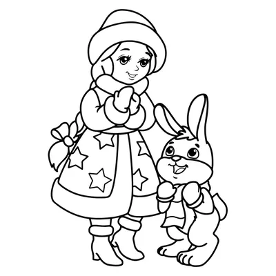 Раскраска Снегурочка с зайчиком для малышей распечатать или скачать
