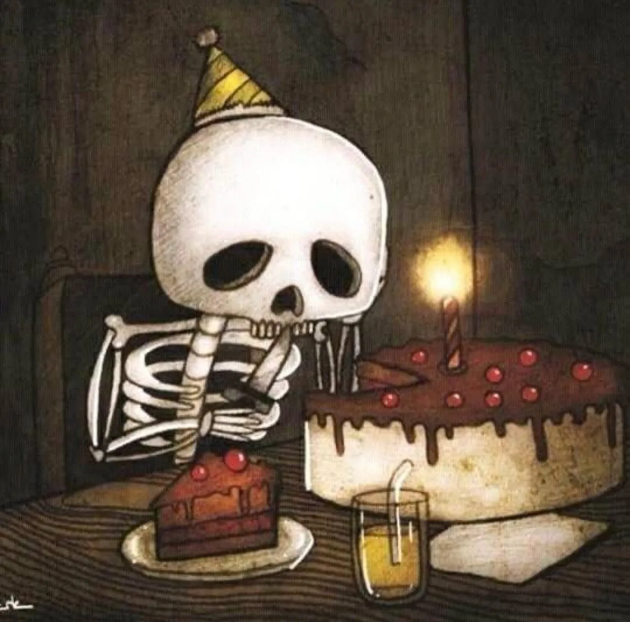Рождение хоррор. Жуткая открытка с днем рождения. С днем рождения в стиле хоррор. Мрачные открытки с днем рождения. Скелет празднует день рождения.