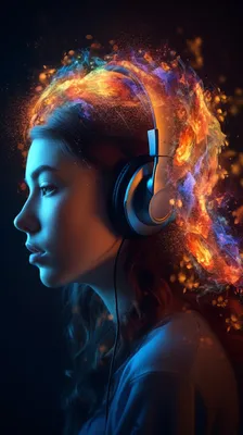 Девушка в наушниках - Огненный спектр вокруг головы - Супер обои на телефон  | Творчество с Искусственным Интеллектом | Дзен