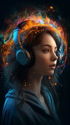 Девушка в наушниках - Огненный спектр вокруг головы - Супер обои на телефон  | Творчество с Искусственным Интеллектом | Дзен