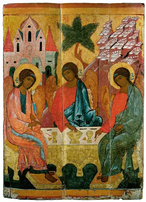 Святая Троица, икона печатная на деревянной доске