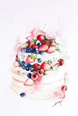 Шоколадный торт с розовой глазурью, зефиром, безе и клубникой. Акварельная  иллюстрация, нарисованная от руки. Изолированная композиция на белом фоне.  - Ozero - российский фотосток