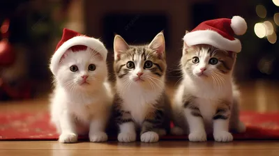 три котенка сидят в шапках Санты, картинка рождественской кошки, кошка,  рождество фон картинки и Фото для бесплатной загрузки