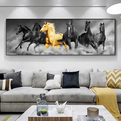 Купить Шесть бегущих черных и золотых лошадей, животные, холст, живопись,  золотые постеры и принты, настенные художественные фотографии, домашний  декор, без рамки | Joom