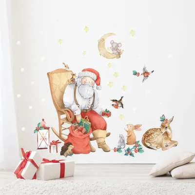 Новогодний стикер на окно \"Дед Мороз с мешком и елкой\" купить в Ярославле