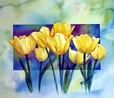 Желтые тюльпаны из стекла в вазочке,5 цветов. - Imperialglass