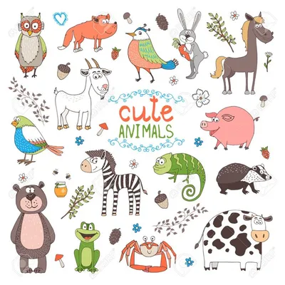 Супер набор векторных милый мультфильм животных Stock Illustration | Adobe  Stock