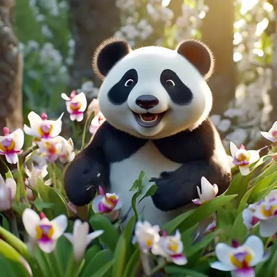 Веселая панда в орхидеях» — создано в Шедевруме