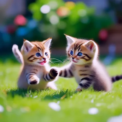 Весёлые котята играют на траве» — создано в Шедевруме