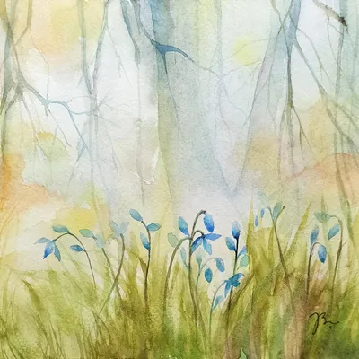 Акварельная картина Акварельный пейзаж озера и леса, весна, мягкие  естественные зеленые цвета № s36503 в ART-holst.com.ua