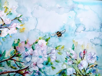 Весна цветет цветение, птицы с голубым небом флористическая картина  безшовная Винтажная акварель Иллюстрация штока - иллюстрации насчитывающей  плодоовощ, рука: 81678308