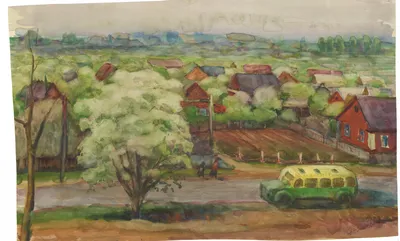 Весеннее утро в деревне, Дмитрий Лёвин- русский пейзаж, цветущая сирень,  картина, весна