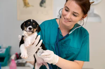 Ветеринар осматривает собаку в ветеринарной клинике | Премиум Фото