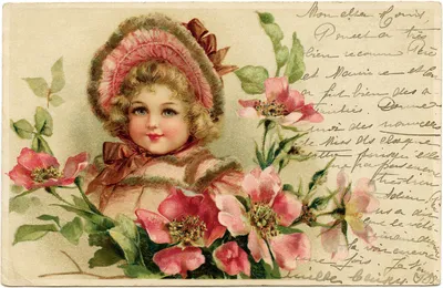 Винтажная открытка с девочкой и цветами (с письмом на французском языке) —  Abali.ru